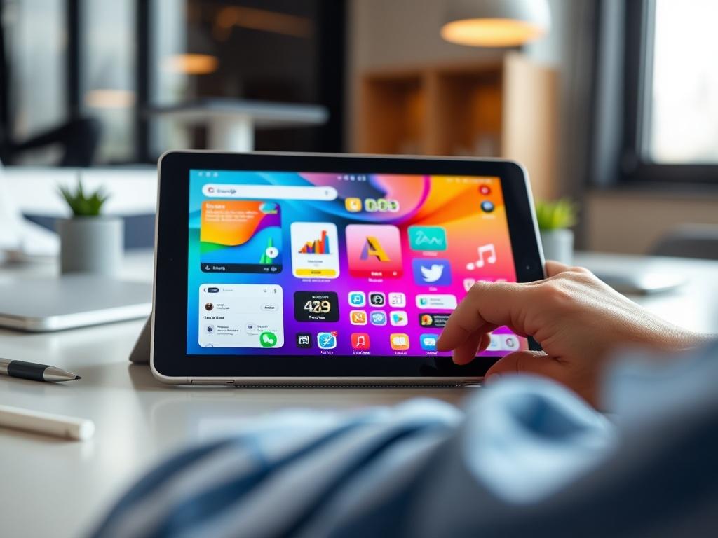 A high-resolution close-up shot of a mobile app being developed on a tablet, displaying vibrant app designs and interface elements, set against a sleek workspace background that conveys innovation and creativity.