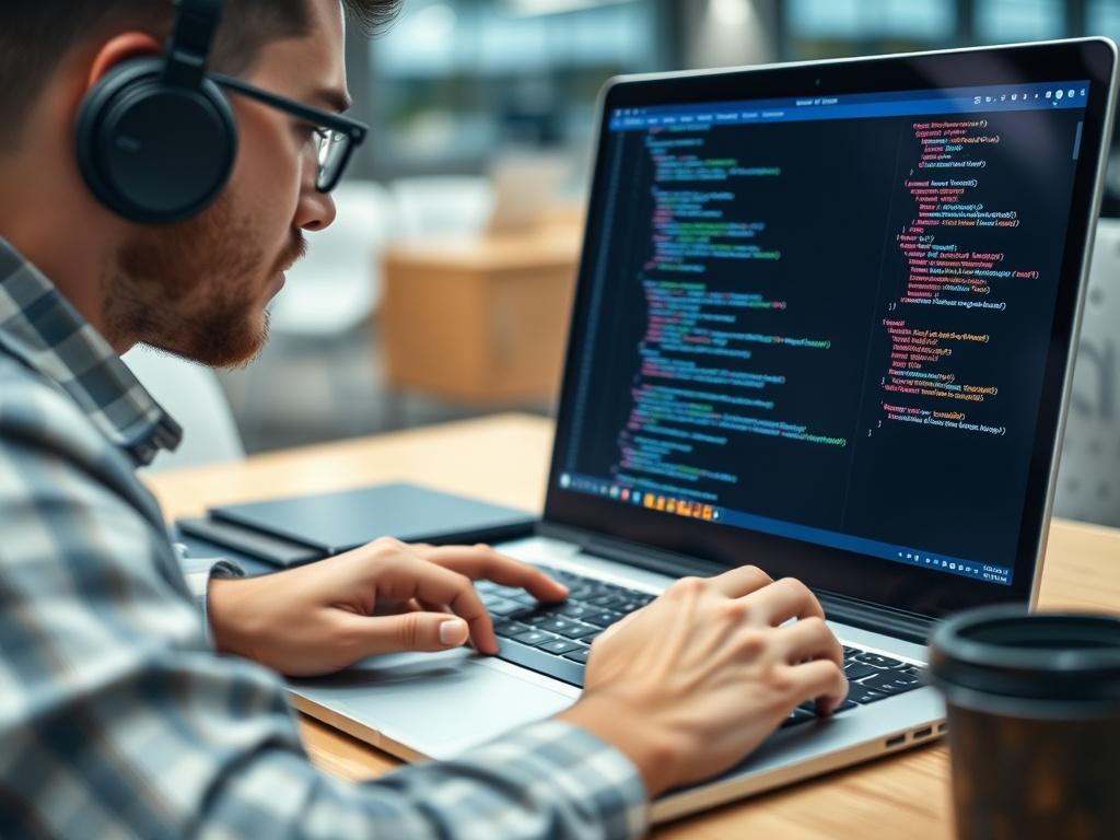 A hyper-realistic close-up shot of a developer working on a custom web application on a laptop, with code visible on the screen, set in a modern office environment. The background is softly blurred to focus on the developer's intense concentration, showcasing a creative and professional atmosphere.