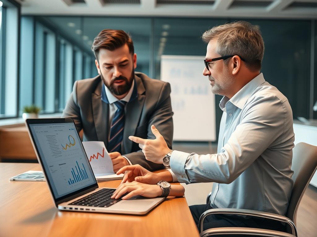 A realistic high-resolution close-up shot of a consultant advising a client over a laptop, with charts and graphs displayed on the screen, representing a professional consulting session in a modern office setting.