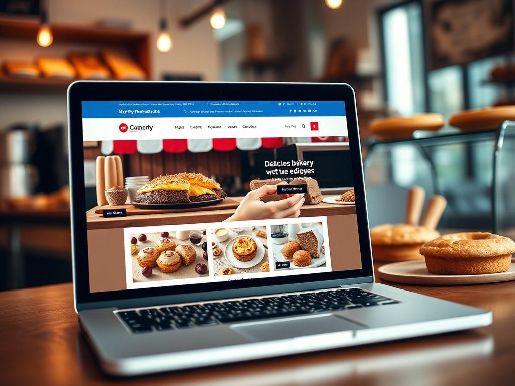 A close-up shot of a vibrant e-commerce website on a laptop screen, showcasing delicious bakery products. The background features a cozy bakery setting with warm lighting and baked goods displayed on a counter. The scene is inviting, focusing on the laptop and the tempting products, captured in hyper-realistic detail.