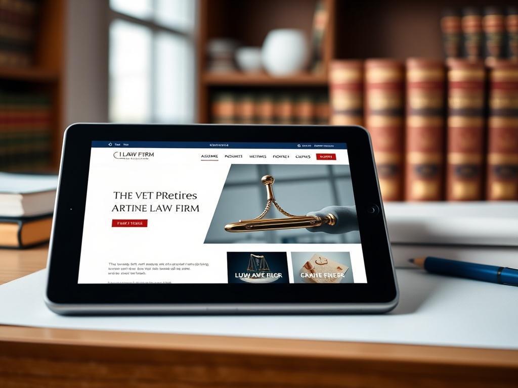 A high-resolution image of a law firm website displayed on a tablet, with a backdrop of a professional office setting. The design on the tablet is modern and sleek, emphasizing user-friendly navigation. The office background includes law books and a desk, enhancing the professional atmosphere captured in vivid detail.