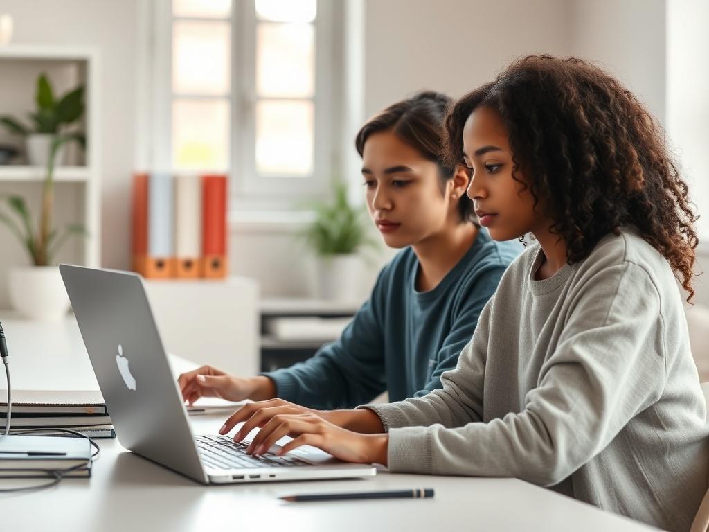 Create a realistic high-resolution photo that embodies the theme of "Beginner's Guide to Web Development." 

**Subject:** The primary subject should be a young, diverse individual (female or male) sitting at a modern desk, intensely focused on a laptop screen. The person should be dressed in casual, comfortable clothing to convey a relatable and approachable vibe. They should be ideally depicted in a three-quarter view to enhance engagement.

**Background:** The background should be a clean, organized works