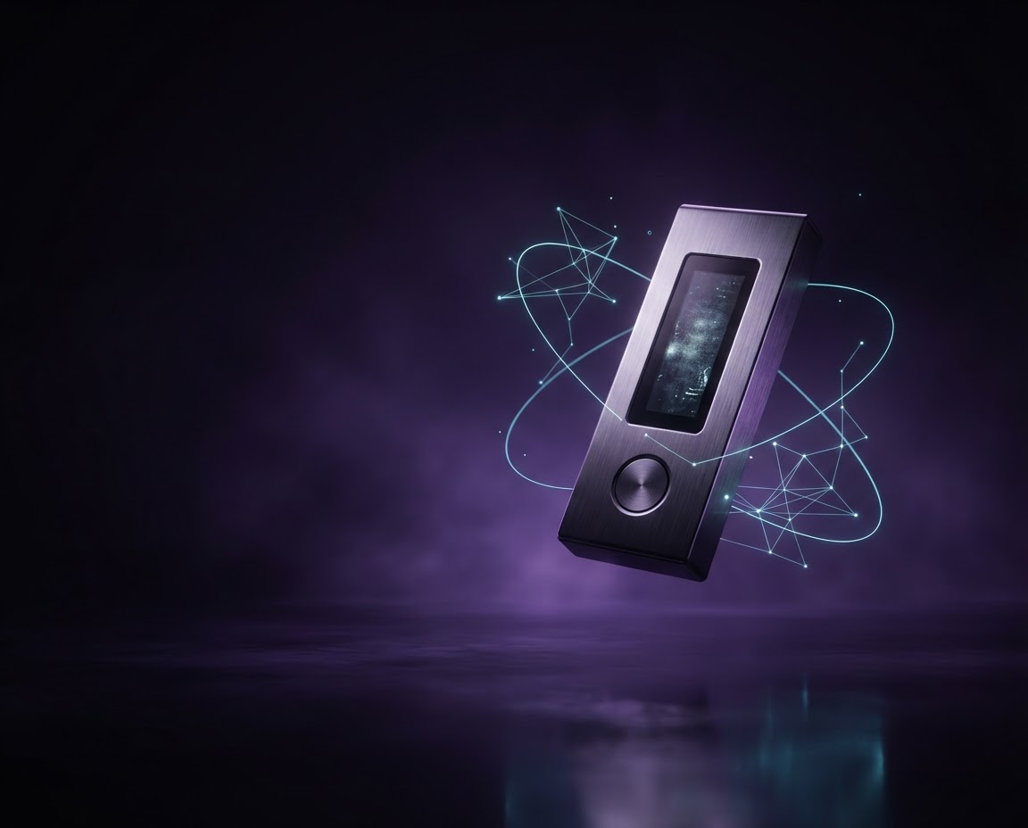Hardware wallet device with a soft violet glow and cyan security traces