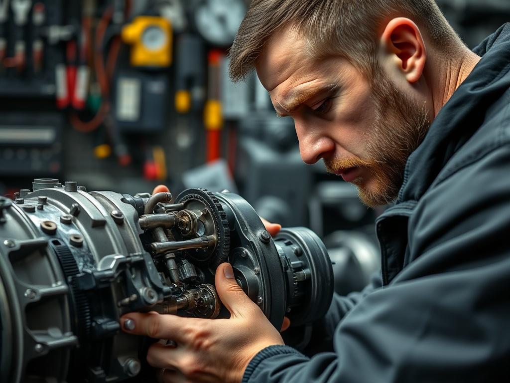 Close up shot of a mechanic examining a car's transmission