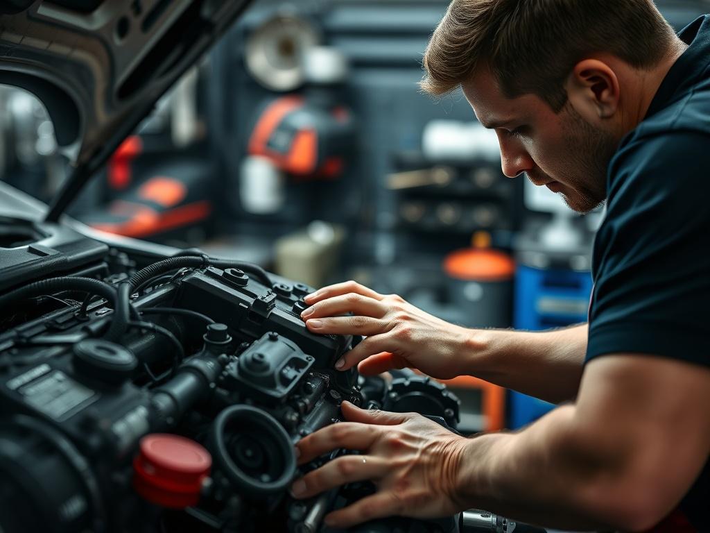 Close up shot of a mechanic inspecting an automobile engine