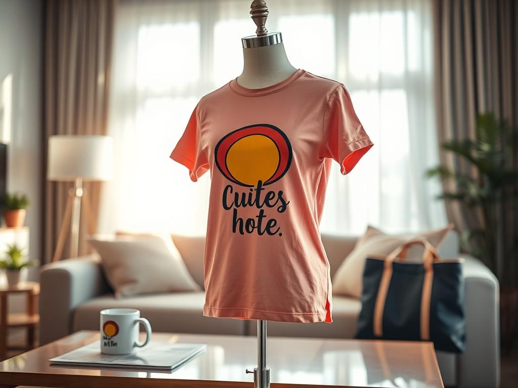 A vibrant t-shirt displayed on a mannequin, featuring a colorful graphic and witty text. The background shows a cozy living room setting with a coffee table adorned with a matching mug and a tote bag. The lighting is bright and cheerful, creating an inviting atmosphere.