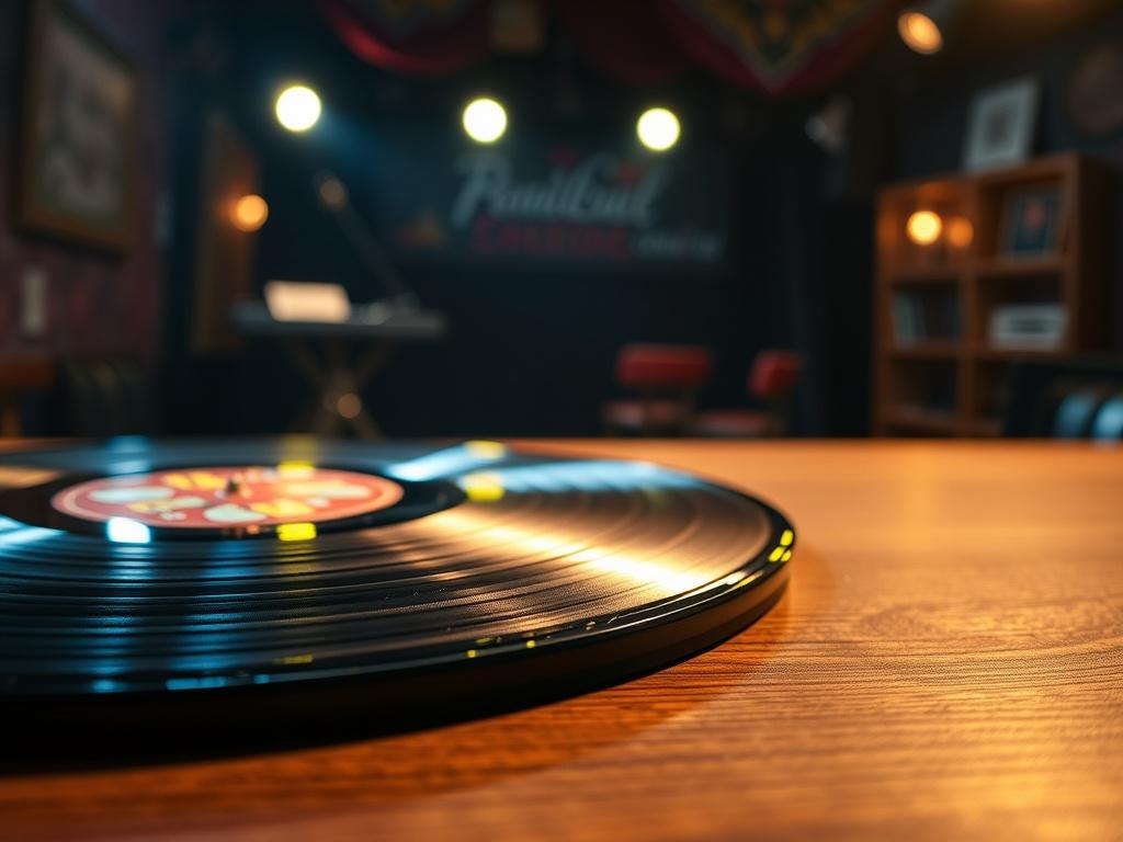 A close-up shot of a vinyl record with colorful labels, placed on a wooden table. The background features a dimly lit stage with a spotlight, creating an inviting atmosphere. The vinyl reflects soft light, emphasizing its grooves. The setting is warm and nostalgic, evoking a sense of cabaret elegance.