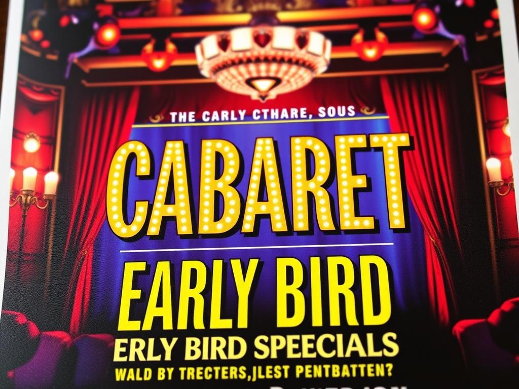 A visually appealing promotional flyer for the cabaret, showcasing vibrant colors and enticing images from the show. The flyer features bold text announcing early bird specials. The background includes an artistic representation of the cabaret stage, creating excitement and anticipation.