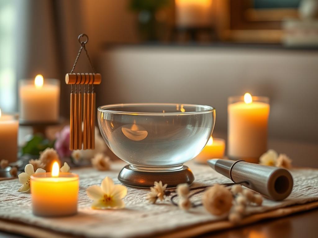 A serene setting featuring a crystal sound bowl and chimes, placed on a soft mat surrounded by candles and flowers. The warm light from the candles creates a calming atmosphere. The image should focus closely on the sound tools, with a blurred background that suggests tranquility and relaxation.