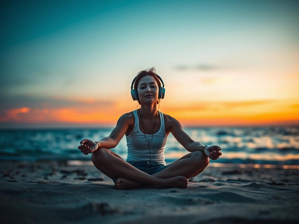 A tranquil scene of a person sitting cross-legged on a beach at sunset, with headphones on and a peaceful expression. The warm colors of the sunset reflect in the water, creating a harmonious atmosphere that invites relaxation and introspection.