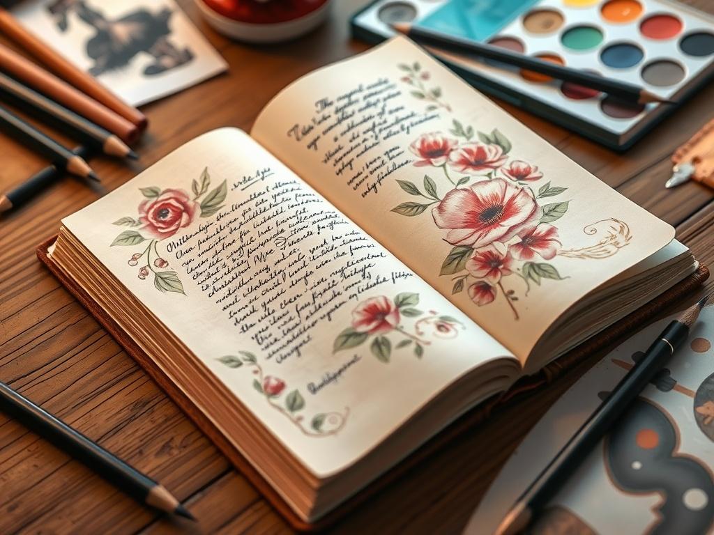 A close-up shot of an open journal with a beautiful floral design on the cover, resting on a wooden table. The journal features handwritten notes and sketches, surrounded by art supplies like colored pencils and paints, conveying creativity and introspection.
