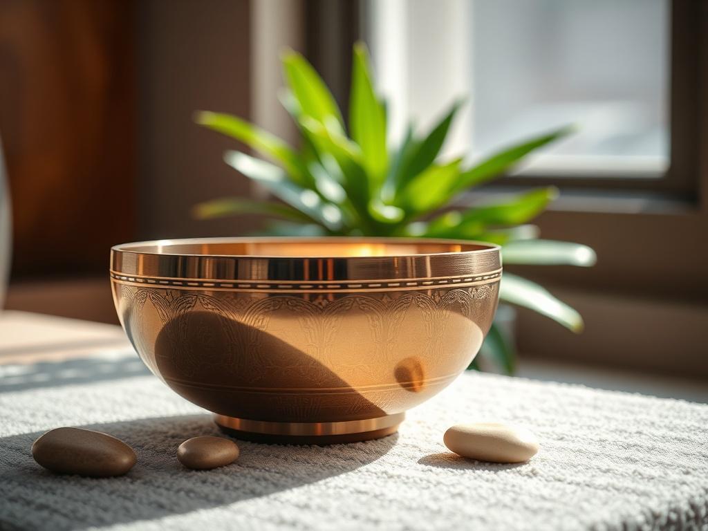 A close-up shot of a beautifully handcrafted Harmonic Resonance Bowl, placed on a soft, textured surface. The bowl gleams under natural light, showcasing intricate designs. Surrounding it are a few smooth pebbles and a calming green plant in the background, creating a serene atmosphere. The image is captured with a 45mm f/1.2 lens for a hyper-realistic effect, emphasizing the details and textures.