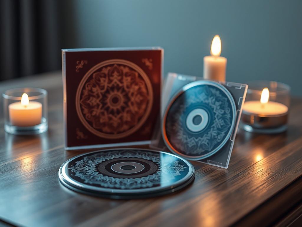 A close-up shot of an Intuitive Sound Journey CD resting on an elegant wooden surface, with the CD case open to reveal beautiful artwork. Soft, ambient lighting casts a warm glow, highlighting the intricate designs on the CD. In the background, a few candles flicker gently, enhancing the tranquil mood. The image is captured using a 45mm f/1.2 lens for a hyper-realistic feel.