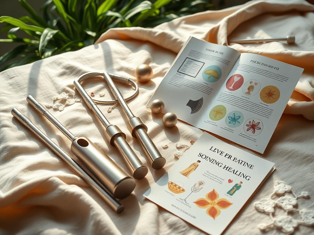 A close-up shot of an Etheric Sound Healing Workshop Kit spread out on a calming, neutral fabric. The kit includes tuning forks and chimes, each shining under soft light. A user guide is partially visible, showcasing vibrant illustrations. The setting is peaceful, with gentle greenery in the background, captured using a 45mm f/1.2 lens for a hyper-realistic effect.