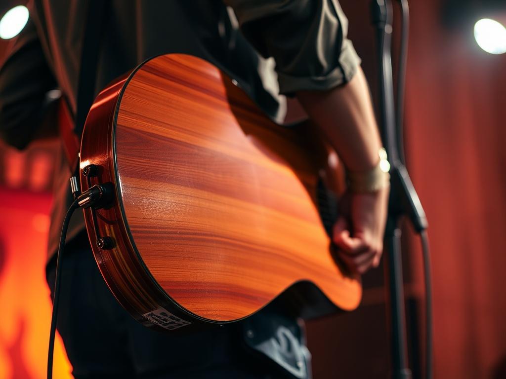 A close-up shot of the back of a guitarist, focusing on the detailed texture of the guitar and the musician's posture. The guitarist is wearing a casual outfit, holding the guitar in a relaxed position, with the background softly blurred to emphasize the subject. The lighting is warm and inviting, capturing the essence of a live music setting. The image should be shot with a 45mm f/1.2 lens style, highlighting the rich colors and details of the guitar.
