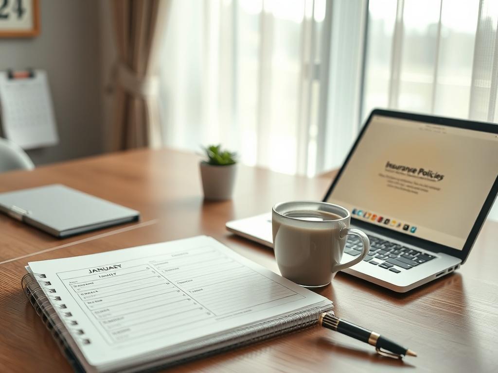 Create a realistic high-resolution photo that visually represents "New Year Tips for Keeping Up with Your Insurance Policies." The composition should be simple and clear, featuring a single subject: an organized office desk. On the desk, include a neatly arranged planner with the date marked as January 1st, alongside a sleek laptop displaying an open webpage about insurance policies. Place a cup of steaming herbal tea and a stylish pen next to the planner. 

In the background, softly blurred out, showcase a