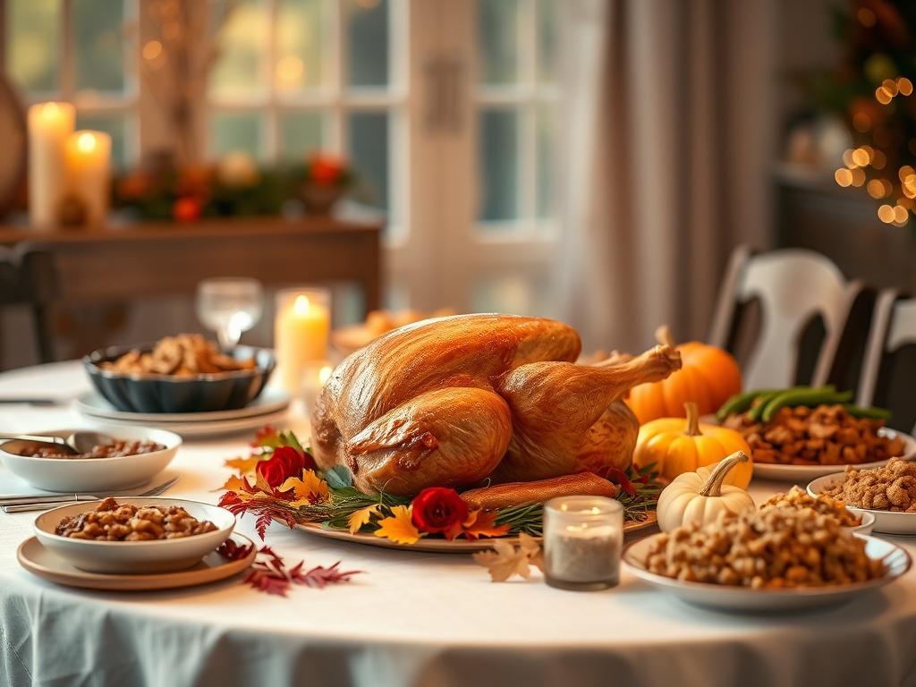 **AI Image Generation Prompt:**

Create a realistic high-resolution photo featuring a beautifully set Thanksgiving dinner table, which serves as the focal point of the image. The table should be adorned with an elegant white tablecloth, showcasing a delectable roasted turkey at the center, surrounded by a variety of traditional Thanksgiving sides like cranberry sauce, stuffing, and green bean casserole. Include a decorative pumpkin and fall leaves as a seasonal touch.

The background should softly blur out 