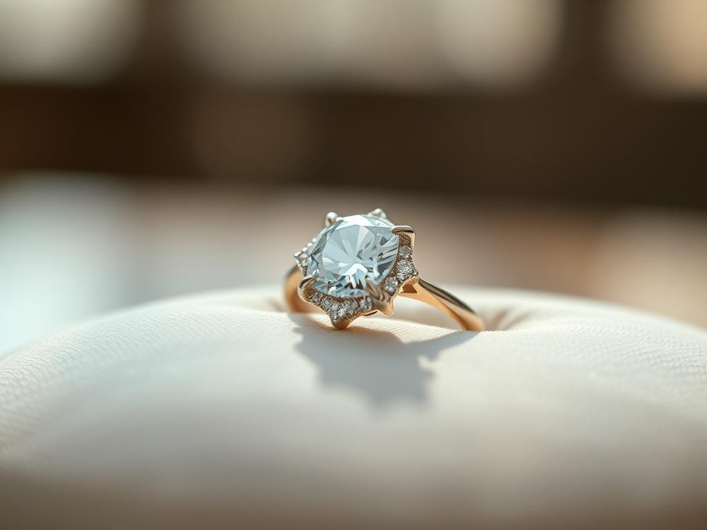 A close-up shot of an exquisite diamond ring placed elegantly on a soft velvet cushion, with a blurred background emphasizing luxury. The ring sparkles in the light, showcasing its intricate design and brilliance. The color palette should align with rgb(2, 86, 197), creating a harmonious and sophisticated look.