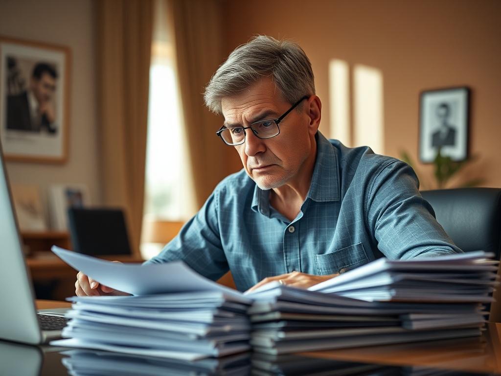 Create a realistic high-resolution photo that encapsulates the title "The Consequences of Making Too Many Insurance Claims." The image should feature a concerned individual sitting at a sleek, modern desk, surrounded by paperwork and insurance documents. The subject should be a middle-aged person, looking thoughtfully at a stack of documents with a furrowed brow, exuding a sense of contemplation and concern about their insurance status. 

The composition should be simple and clear, focusing solely on this i