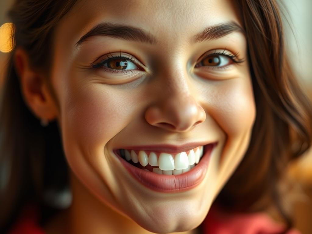 A close-up shot of a smiling person with bright white teeth and clear eyes, showcasing the importance of dental and vision health. The background should be softly blurred to emphasize the subject, with warm lighting to create an inviting atmosphere. The subject should have a friendly expression, reflecting happiness and confidence, capturing the essence of good dental and vision care.