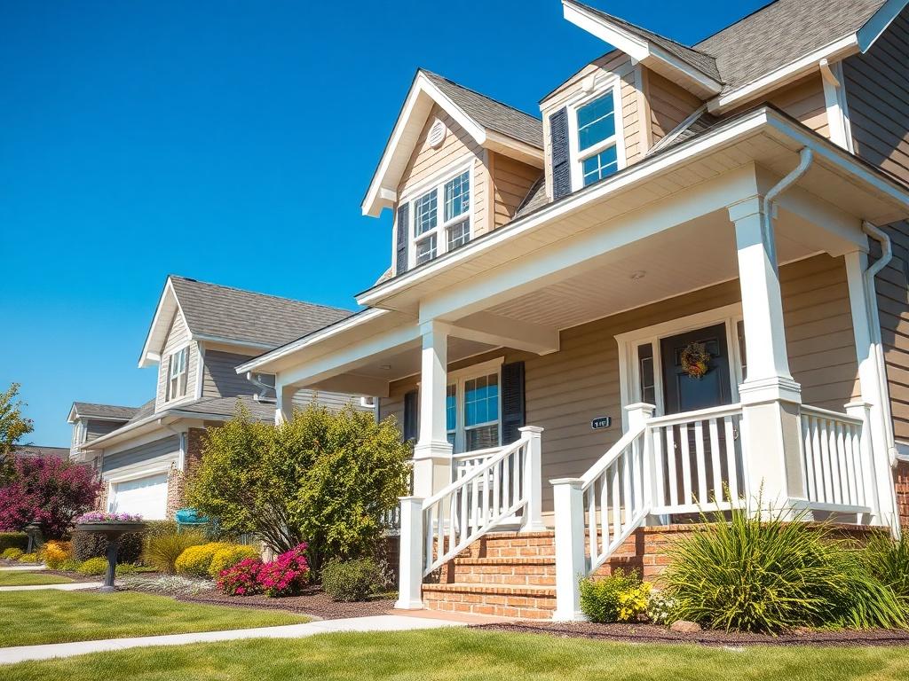 A hyper-realistic close-up shot of a beautiful suburban house with a well-maintained garden, showcasing a welcoming front porch. The image highlights the structure's details, capturing the essence of homeownership. The background is a clear blue sky, emphasizing a bright, sunny day. The composition focuses on the house, making it the central subject.