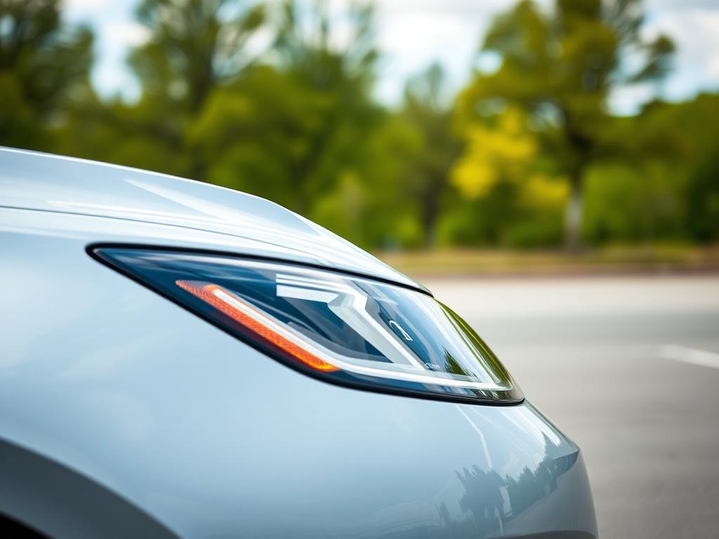 A hyper-realistic close-up shot of a modern car parked in a serene environment, highlighting its sleek design and features. The background shows a blurred landscape with green trees and a clear sky, creating a sense of safety and tranquility around the vehicle. The composition focuses on the car, making it the central subject.