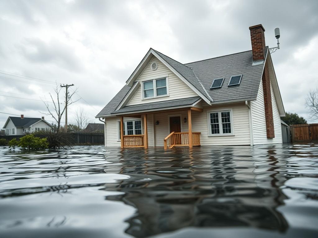 A hyper-realistic close-up shot of a house partially submerged in water, demonstrating the impact of flooding. The image captures water flowing around the property, highlighting the need for protection against such disasters. The background shows cloudy skies, emphasizing the severity of the situation. The composition focuses on the house, making it the central subject.