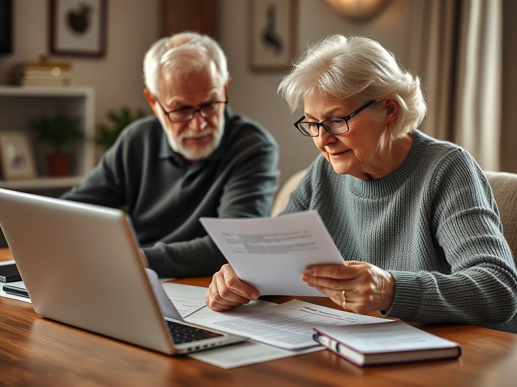A close-up shot of a senior couple reviewing health insurance documents together at a table. The setting should be warm and inviting, with soft natural light coming through a nearby window. The couple should appear engaged and thoughtful, surrounded by paperwork, a laptop, and a few personal touches in the background. The overall tone should reflect trust, care, and the importance of planning for health insurance in their golden years.