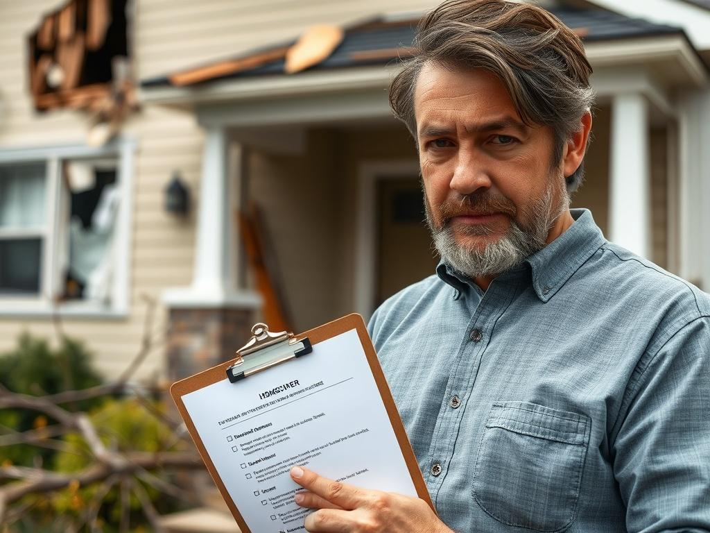 A close-up shot of a homeowner holding a clipboard with a checklist, standing in front of a damaged house. The background shows signs of storm damage, like broken windows and fallen branches. The focus should be on the homeowner's concerned expression, highlighting the importance of the claims process in home insurance.