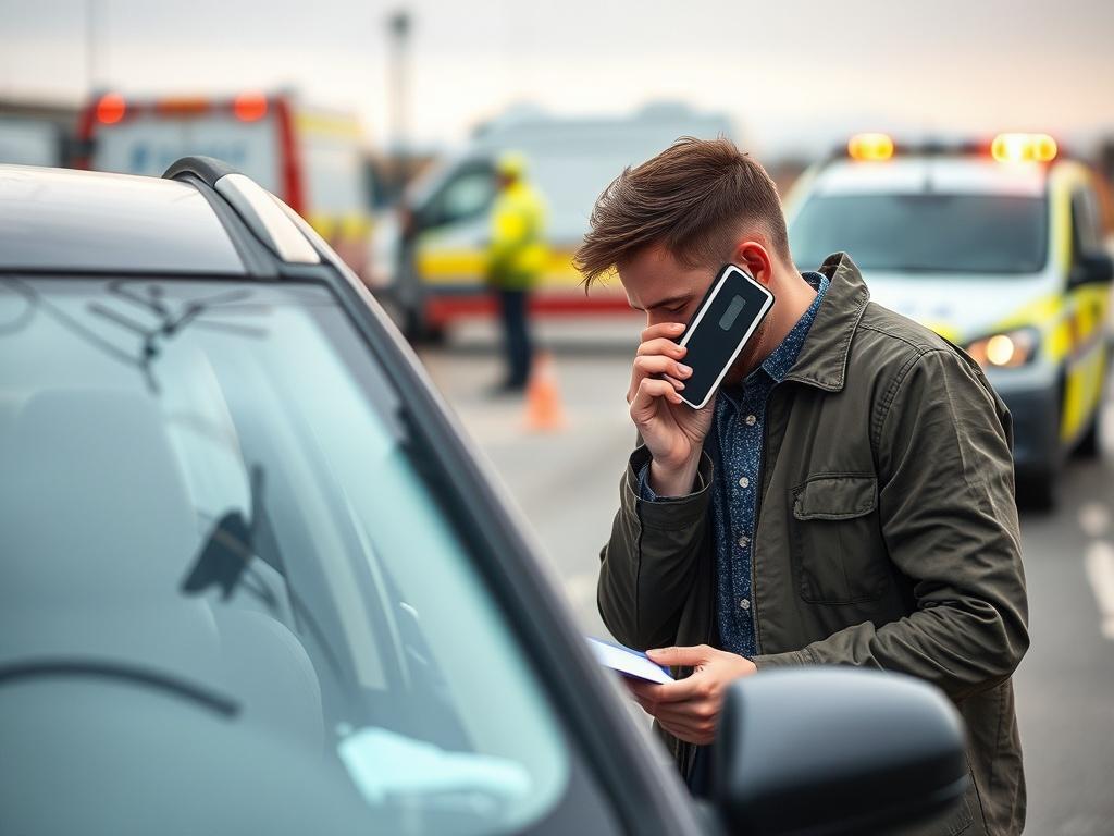 A close-up shot of a person on the phone next to a damaged car, looking focused while taking notes. The background should show another car involved in the accident, with emergency services in the distance. The image should evoke a sense of urgency but also clarity in the claims process.