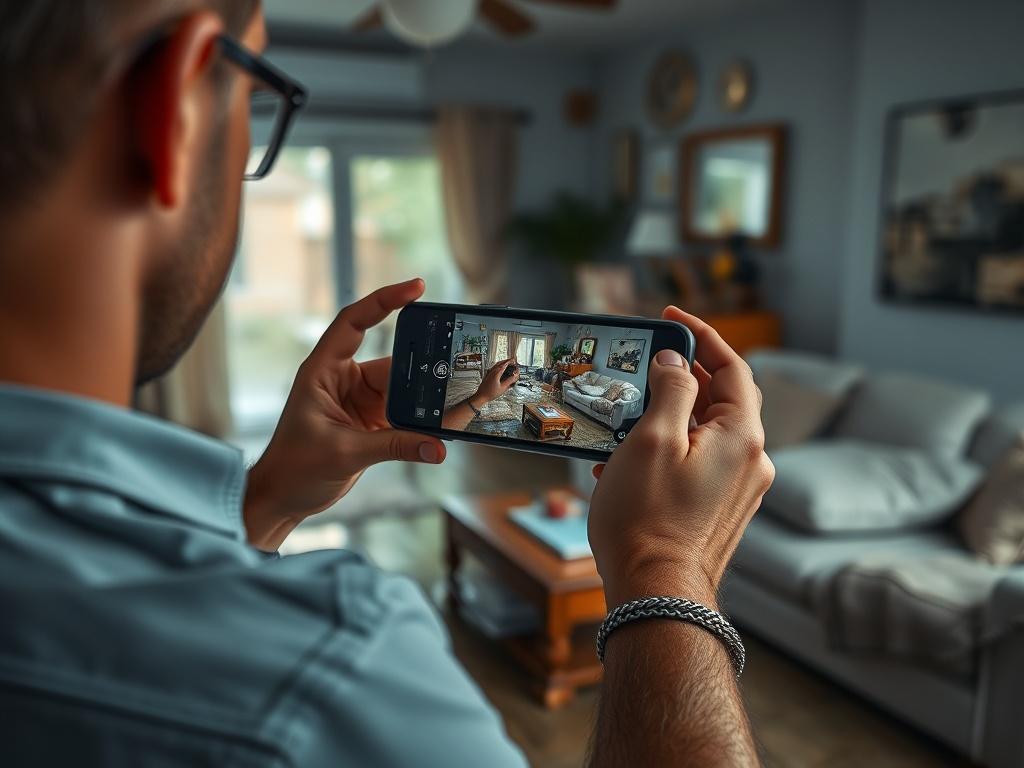 A close-up shot of a homeowner standing in a flooded living room, taking photos of the damage on a smartphone. The background should show waterlogged furniture and belongings, with an ambiance of urgency. The image should highlight the importance of documenting flood damage for claims.