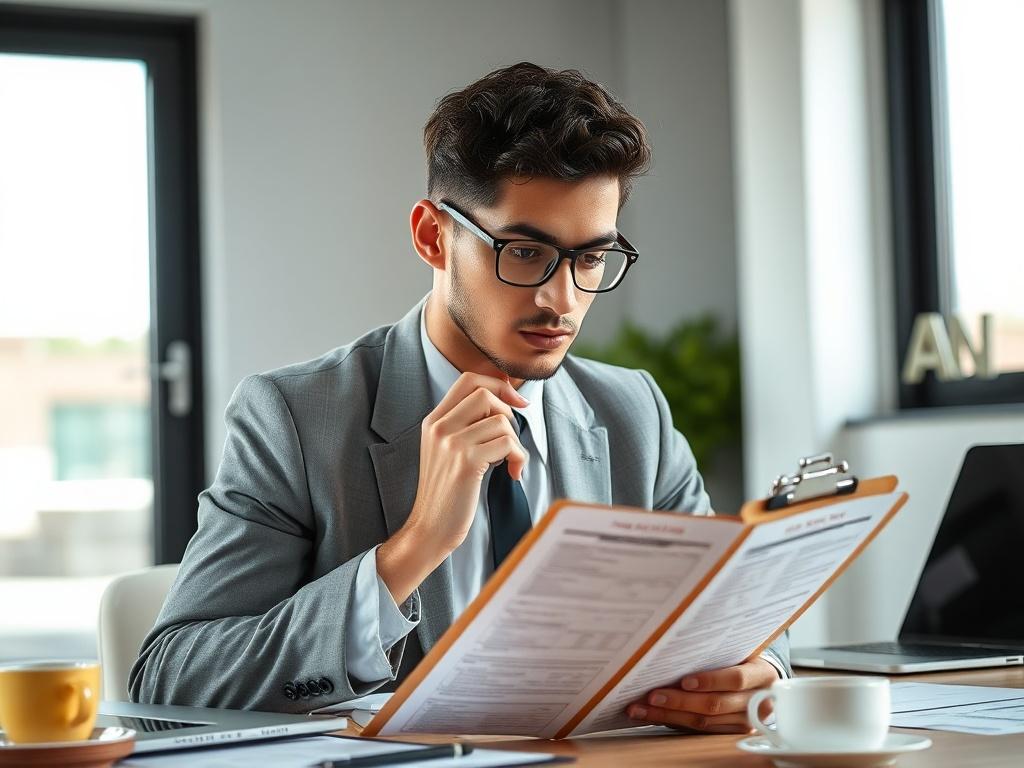 **AI Image Generator Prompt:**

Create a realistic high-resolution image that visually represents the theme of "What should my deductibles be set to?" Center the composition around a single subject, a thoughtful person in a modern office setting, engaged in deep contemplation as they examine a clipboard filled with insurance policy details. The individual should be portrayed in a professional attire, conveying seriousness and approachability, with a focus on their facial expression that reflects curiosity a