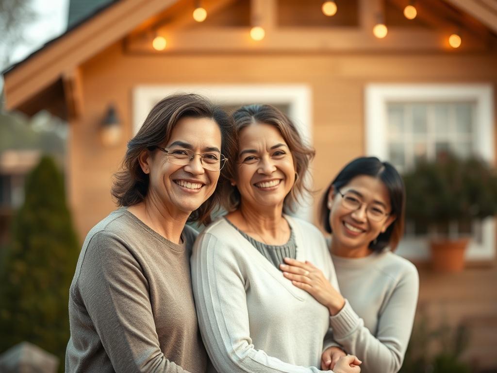 A close-up shot of a family standing together in front of their cozy home, smiling and embracing each other. The image captures a warm, inviting atmosphere with soft natural lighting. The family's expressions reflect happiness and security, symbolizing the peace of mind that comes with Mortgage Protection Insurance. In the background, the home is slightly blurred, emphasizing the family as the main subject. The image should have a hyper-realistic quality, shot with a 45mm f/1.2 lens, ensuring rich colors an