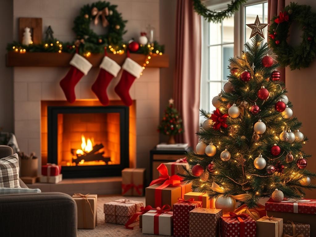 Create a realistic, high-resolution image that embodies the essence of a blog titled "Safety Tips for the Holidays." The composition should feature a single subject: a warm, inviting living room scene adorned for the holiday season. The focal point of the image is a cozy fireplace gently glowing, with a few stockings hung above it, radiating a sense of warmth and safety.

In the foreground, place a beautifully decorated holiday tree, decorated with twinkling lights, ornaments, and a star on top. Surround th