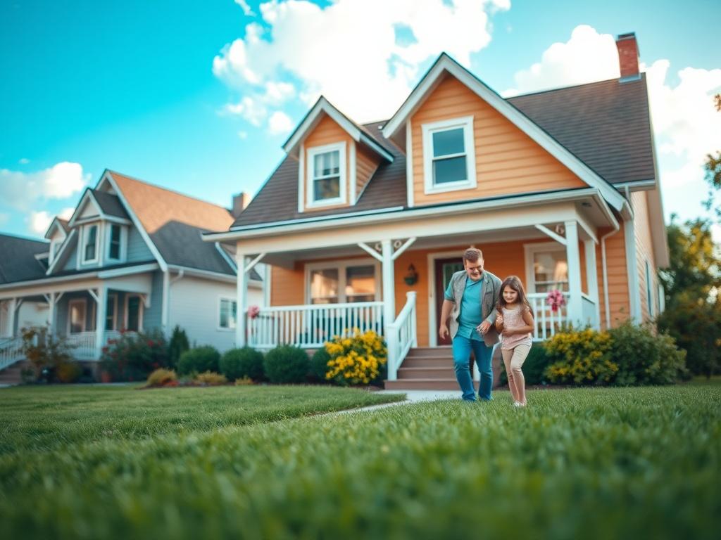 **Prompt for AI Image Generation:**

Create a realistic high-resolution photo that captures the essence of homeowners insurance policies. The image should focus on a single, inviting home in a suburban setting. The subject matter is a charming, well-maintained house with a well-kept lawn, symbolizing security and stability. The house should have warm colors and a welcoming front porch, evoking a sense of comfort and protection.

In the foreground, include a close-up of a family interacting joyfully in the g