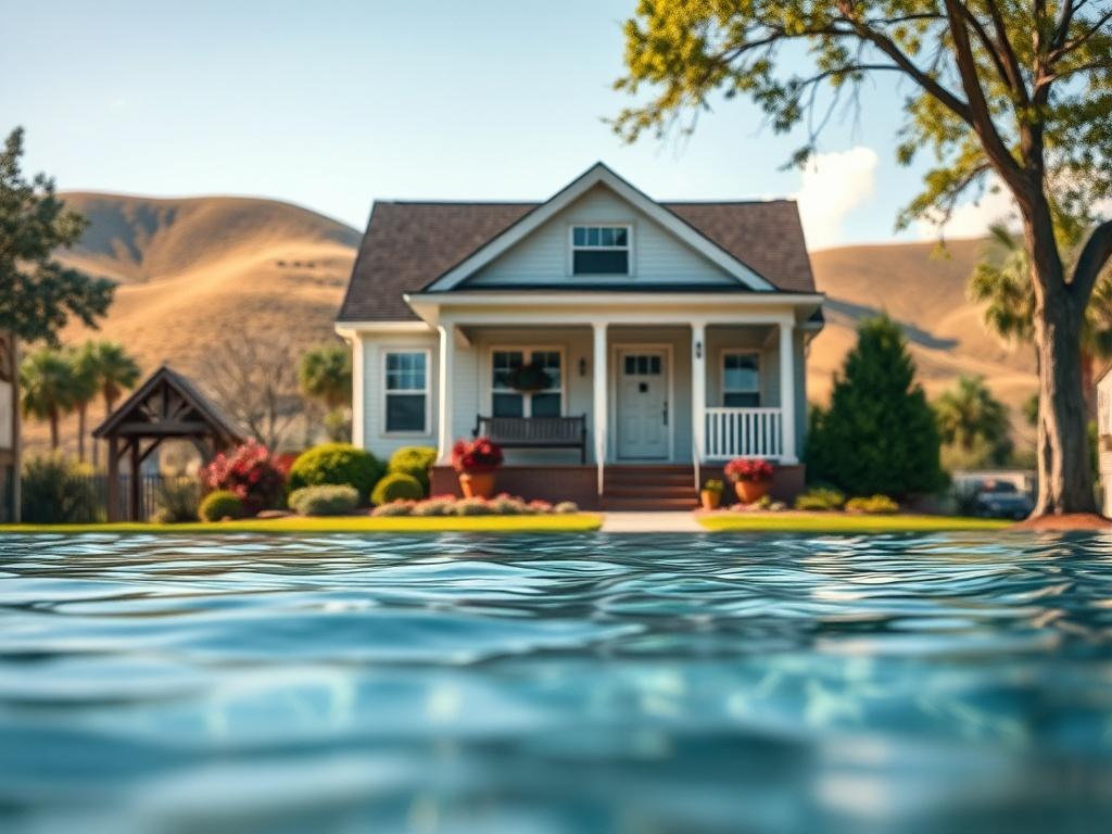 Create a realistic high-resolution photo that conveys the significance of flood insurance in protecting a home from water damage. The composition should be simple and clear, featuring a single subject: a serene suburban house situated on higher ground, symbolizing safety and security. The house should embody a classic architectural style with a welcoming front porch, surrounded by vibrant greenery.

In the foreground, include a crystal-clear water feature, illustrating the concept of rising water. The weath