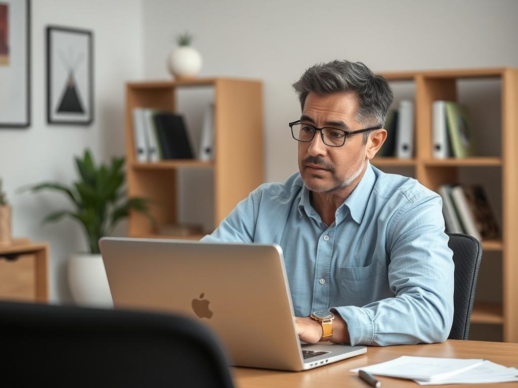 **AI Image Generation Prompt:**

Create a realistic high-resolution photo that visually represents the theme of a blog titled "WHEN IS IT OK TO SWITCH INSURANCE CARRIERS?". The composition should be simple and clear, focusing on a single subject. 

Subject Matter: Capture a thoughtful middle-aged person (preferably of diverse ethnic background) sitting at a desk, looking at a laptop with an expression of contemplation. The laptop should display a comparison chart or spreadsheet related to insurance options,