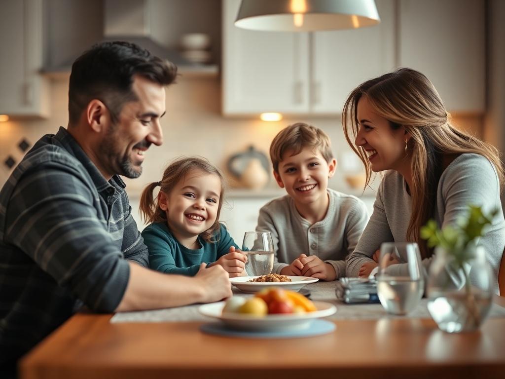 A close-up shot of a family sitting together at a dining table, with a warm and inviting atmosphere. The parents are smiling and engaged with their children, showcasing a sense of togetherness and security. The background features a soft-focus kitchen setting with gentle lighting, creating a cozy and safe environment. The image should convey feelings of trust, love, and protection, symbolizing the importance of Income Replacement Insurance in safeguarding family well-being.