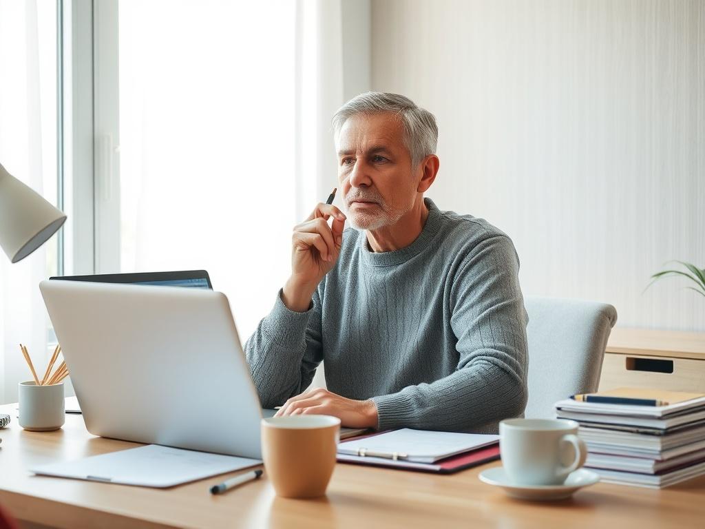 **AI Image Generation Prompt:**

Create a realistic high-resolution photo that captures the essence of preparing to call an insurance company. The image should feature a single subject, a thoughtful individual sitting at a clean and organized home office desk. The subject should be a middle-aged person, male or female, portrayed in a moment of contemplation, with a pen in hand and a notepad open in front of them. 

The background should be simple and uncluttered, with soft natural light filtering through a 