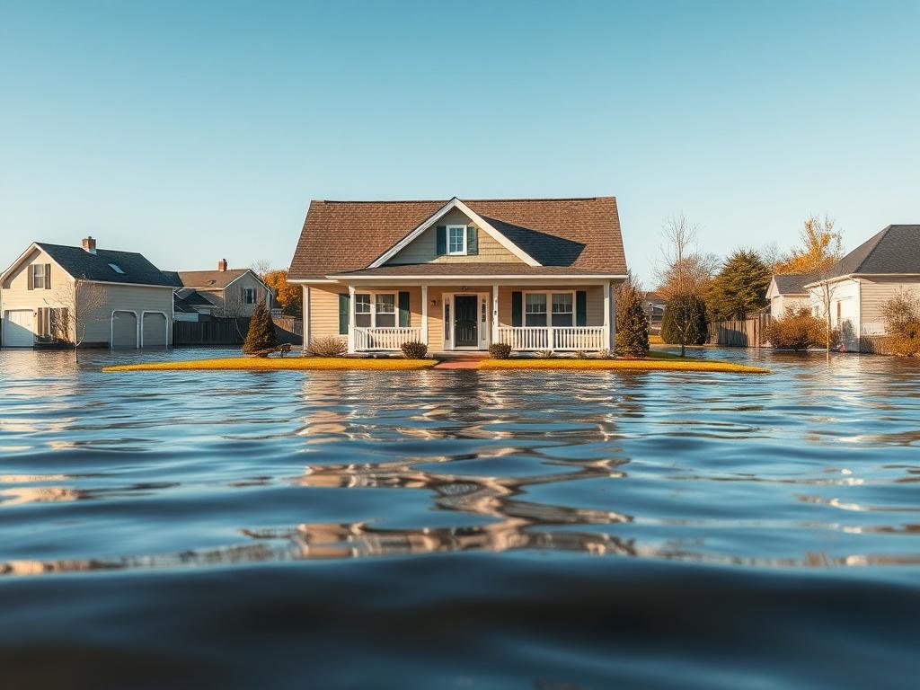 A realistic high-resolution photo of a suburban home situated in a flood-prone area, showcasing a clear view of the property with rising flood waters surrounding the house. The composition should focus on the house in the center, with water visibly encroaching, and a clear blue sky in the background. The colors should be vibrant and realistic, emphasizing the peril of flooding while maintaining a serene overall atmosphere. The image should be shot with a 45mm f/1.2 lens style for a hyper-realistic effect.
