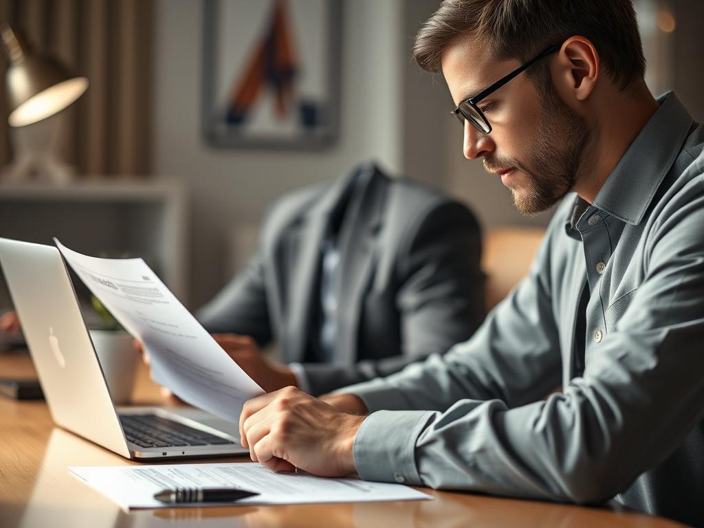 Create a hyper-realistic close-up shot of a business professional reviewing insurance documents at a desk. The scene should be well-lit, showcasing the professional's focused expression as they analyze the paperwork. The desk should have a laptop, a notepad, and a pen, conveying a sense of diligence and attention to detail. The background should be blurred to emphasize the subject, with soft comforting colors that align with the primary color rgb(2, 86, 197).