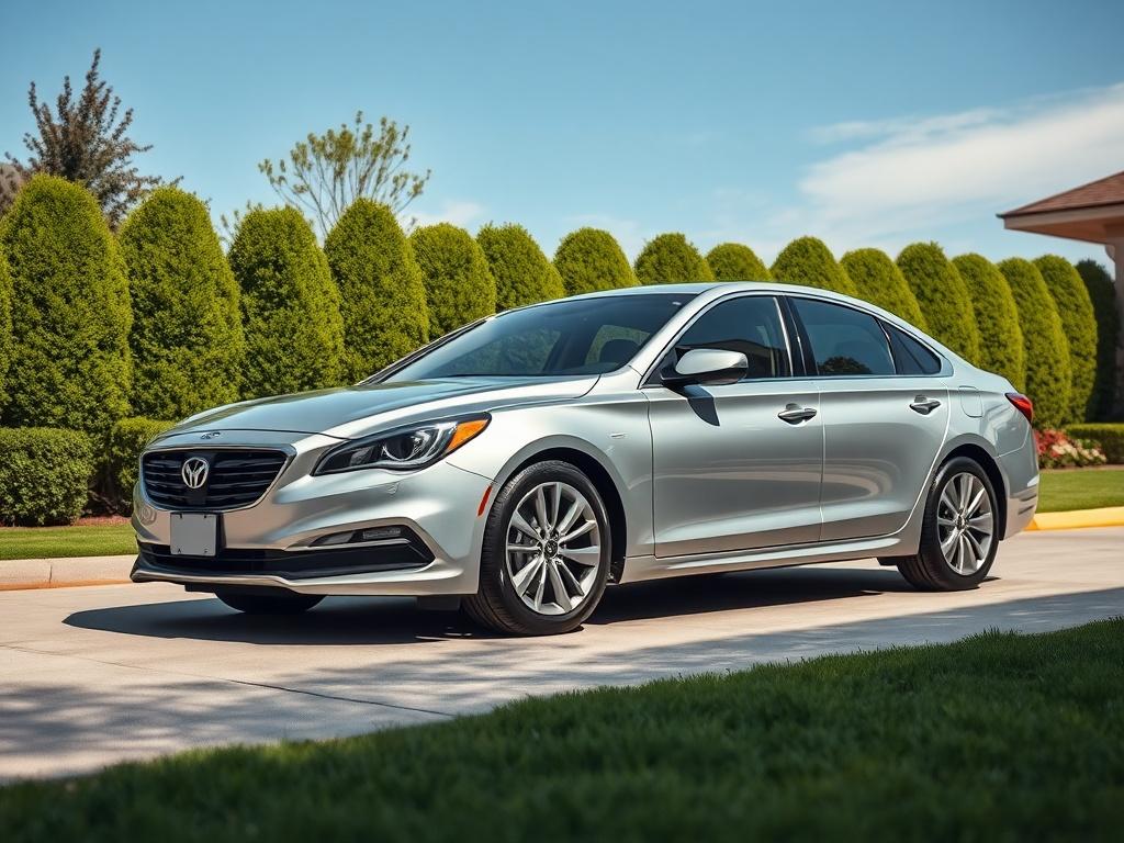 **AI Image Generation Prompt:**

Create a realistic high-resolution photo featuring a well-maintained, sleek silver sedan parked in a quiet residential driveway. The vehicle should be the focal point of the image, showcasing its polished exterior and reflecting a clear blue sky overhead. Use a simple and clean composition with the car angled slightly to reveal its front and side profile vividly.

In the background, include a lush green lawn bordered by neatly trimmed hedges and a few colorful flower beds, a