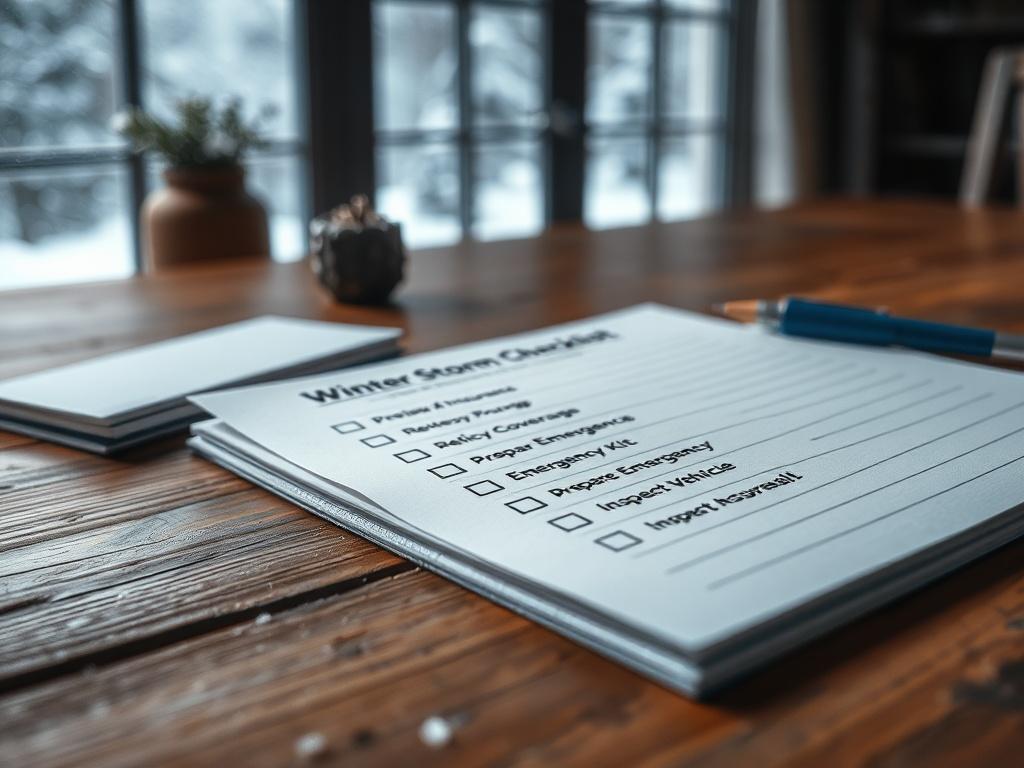 Create a realistic high-resolution photo depicting a well-organized winter storm checklist laid out on a wooden table. The checklist should feature items related to home and auto insurance, such as "Review Policy Coverage," "Prepare Emergency Kit," and "Inspect Vehicle." Use a close-up perspective to capture the details of the checklist, emphasizing the neat handwriting or printed text, which reflects preparedness and clarity. 

In the background, softly out of focus, include elements that suggest a winter 