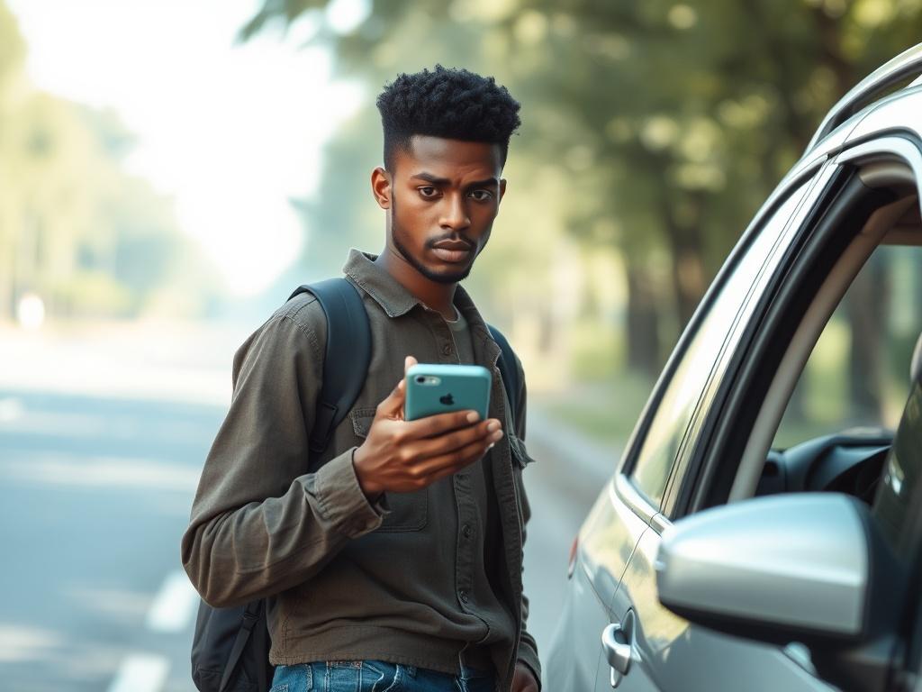 **Prompt for AI Image Generator:** 

Create a realistic high-resolution photo focused on the theme of "What to do when you have an auto accident." The image should feature a single subject, a concerned but composed individual standing beside a damaged car on the side of a road. The individual, a young adult of diverse ethnicity, should be depicted holding a smartphone to report the accident, showcasing a clear sense of urgency and responsibility. 

The background should include a blurred view of the road, f