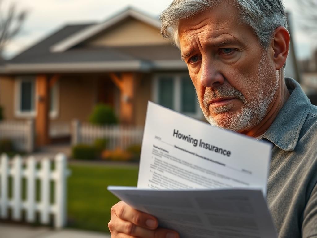 **Prompt for AI Image Generator:**

Create a realistic high-resolution photo that embodies the theme of "The Rising Cost of Homeowners Insurance: What Can You Do?". The image should feature a close-up shot of a concerned homeowner, a middle-aged individual, holding a homeowners insurance policy document in hand. Their expression should convey worry or deep contemplation about rising insurance costs. 

The background should be a softly blurred image of a suburban home – a modest, well-maintained house with a