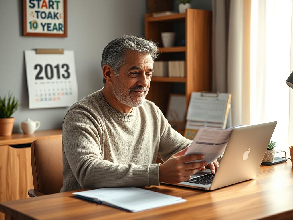 Create a realistic high-resolution photo featuring a close-up shot of a person sitting at a stylish wooden desk, looking thoughtfully at a set of neatly organized insurance documents and a laptop. The individual, a middle-aged adult with a content expression, is dressed casually in a light sweater, conveying a sense of comfort and readiness to take action. 

The background should be softly blurred to keep the focus on the subject while subtly showcasing a cozy, well-lit home office filled with a few persona