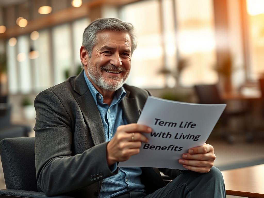 A close-up shot of a confident, middle-aged man sitting in a modern office setting. He is holding a document with the title 'Term Life with Living Benefits' while smiling. The background is softly blurred to emphasize the subject. The lighting is warm and inviting, with a color palette that includes shades of blue to match the primary color rgb(2, 86, 197). The image should convey a sense of security and professionalism.