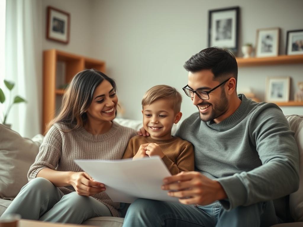 Create a realistic high-resolution photo that captures the essence of the blog titled "Protecting Your Family's Financial Future with Life Insurance." The composition should be simple and clear, featuring a single subject: a warm, loving family sitting together in a cozy and inviting living room.

The family consists of a mother, father, and two children, all of diverse backgrounds to reflect inclusivity. They should be smiling and engaging in a heartfelt discussion, perhaps reviewing a life insurance polic