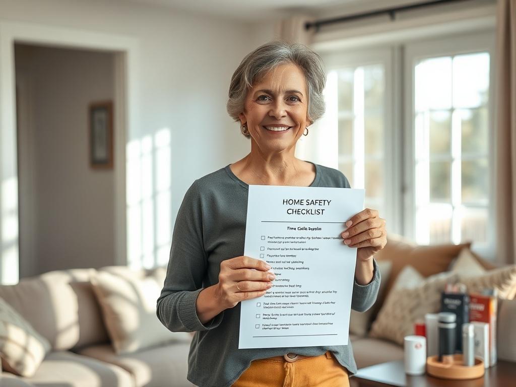 Create a realistic high-resolution photo that focuses on a confident and approachable middle-aged woman standing in a well-lit, cozy living room. She should be holding a home safety checklist, showcasing practical strategies to make your home safer. The woman should have a warm smile, portraying a sense of trustworthiness and authority. 

The living room should feature soft neutral colors, with a comfortable sofa and a few decorative cushions. Natural light should stream in through a large window, illuminat
