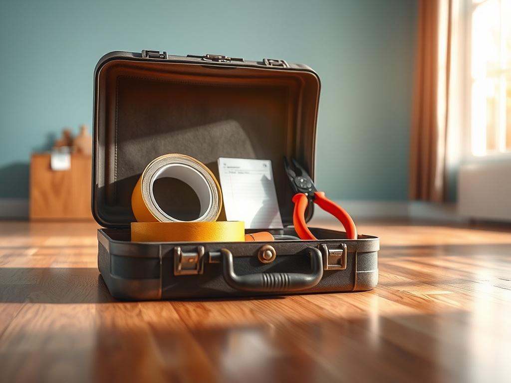 **AI Image Generation Prompt:**

Create a realistic, high-resolution photo that reflects the blog titled "What to do in the event of a water leak?" The composition should feature a single, focused subject: an open toolbox on a clean, dry hardwood floor. Inside the toolbox, prominently display a roll of duct tape, a pair of slip-joint pliers, and a waterproof notepad. 

The background should be softly blurred to emphasize the toolbox while showing hints of a freshly painted light blue wall and a window with 